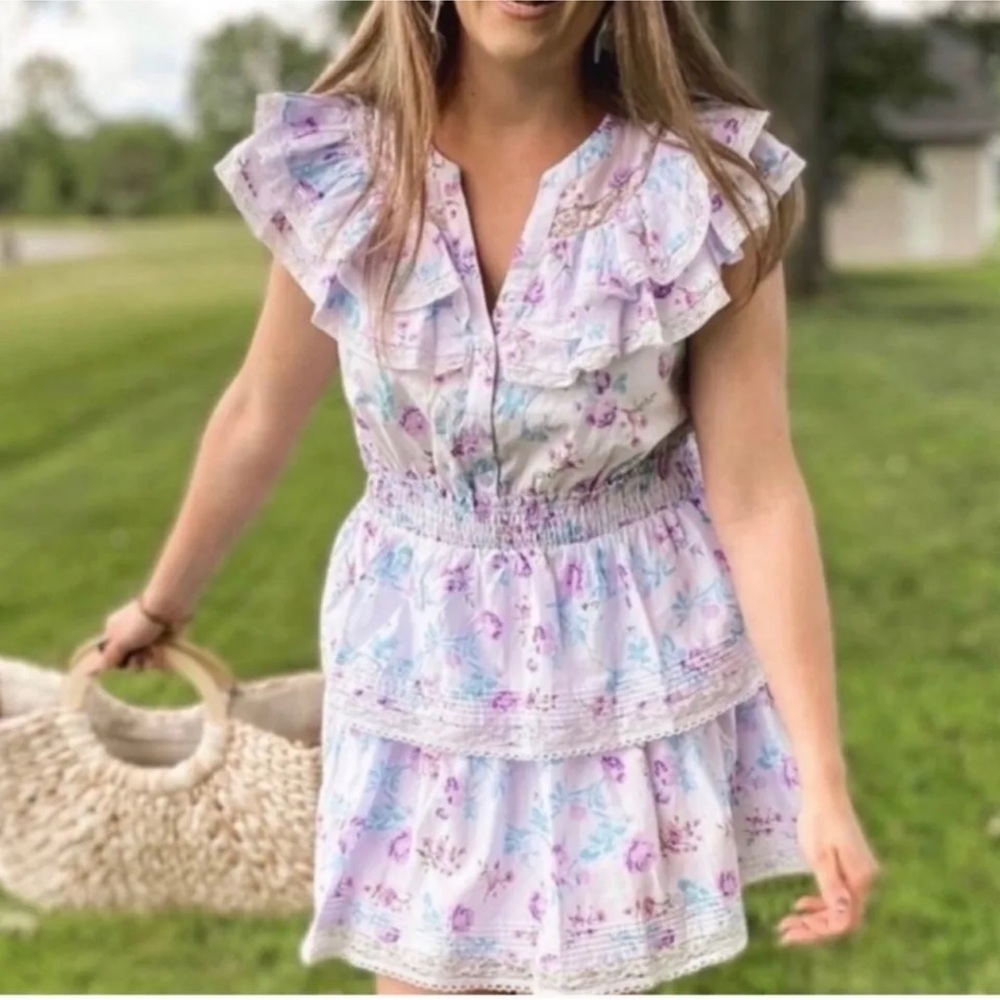 Love Shack Fancy Lou Floral Lavender Tiered Ruffle Dress Size: X Small